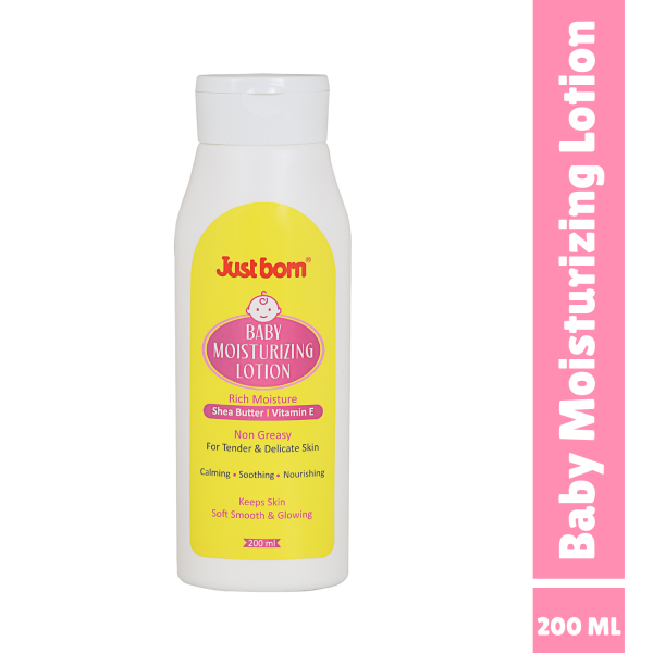 Just Born Baby Moisturizing Lotion 200ml | Rich in Shea Butter, Aloe Vera & Vitamin E | For Soft, Smooth & Hydrated Skin | Gentle Cream for Face, Body & Sensitive Skin | Perfect for Babies & Toddlers (0-2 Years)