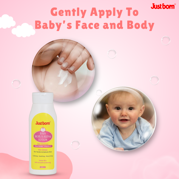Just Born Baby Moisturizing Lotion 200ml | Rich in Shea Butter, Aloe Vera & Vitamin E | For Soft, Smooth & Hydrated Skin | Gentle Cream for Face, Body & Sensitive Skin | Perfect for Babies & Toddlers (0-2 Years)