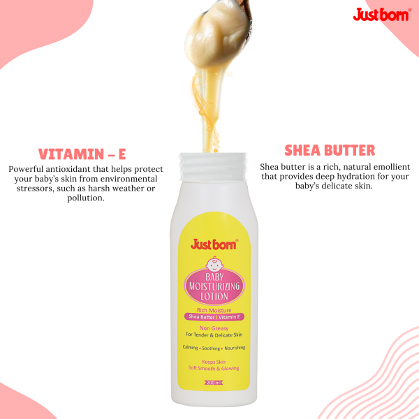 Just Born Baby Moisturizing Lotion 200ml | Rich in Shea Butter, Aloe Vera & Vitamin E | For Soft, Smooth & Hydrated Skin | Gentle Cream for Face, Body & Sensitive Skin | Perfect for Babies & Toddlers (0-2 Years)