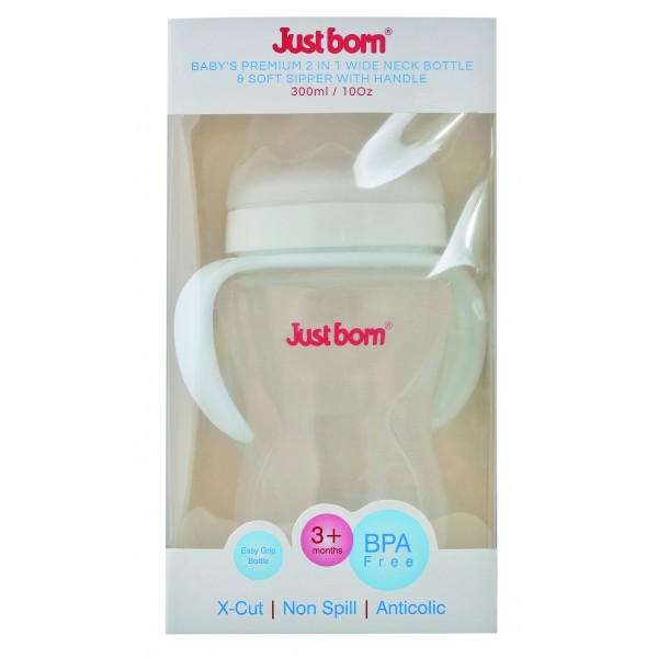 Just Born® Premium 2 in 1 Wide Neck Bottle & Soft Sipper With Handle 10Oz / 300Ml