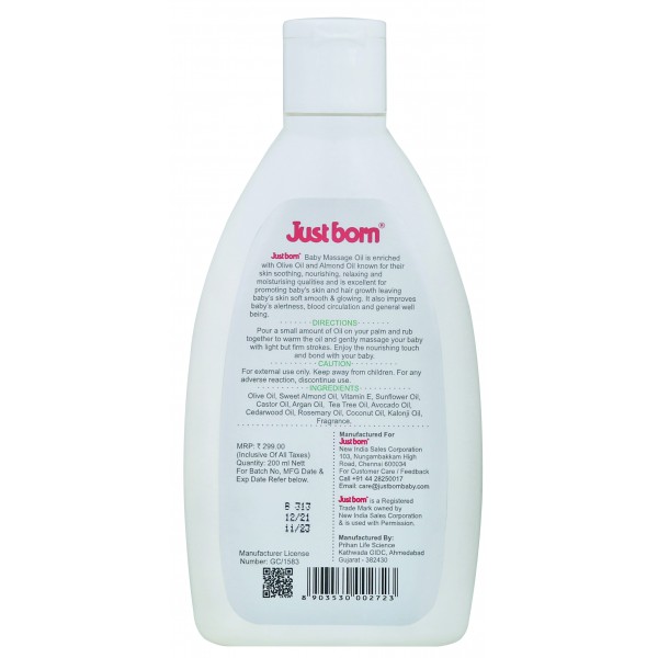 Just Born® Hair & Body Massage Oil - 200 ML - Olive Oil + Almond Oil