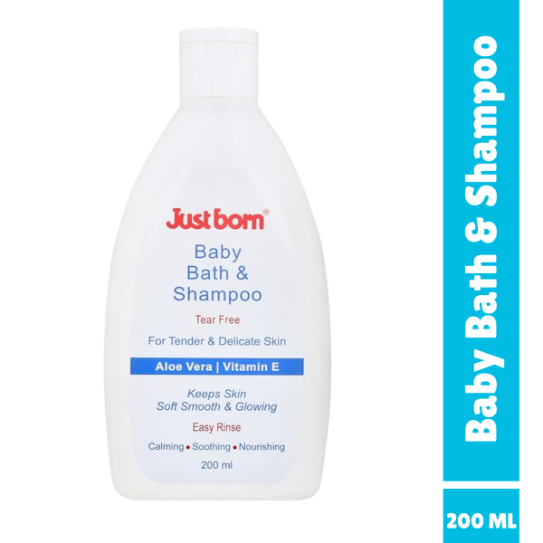 Just Born Baby Bath & Shampoo 200ml | Enriched with Aloe Vera & Vitamin E | Gentle Head-to-Toe Wash for Newborns | Tear-Free, Nourishes & Softens Sensitive Skin & Hair | Ideal for 0-2 Years