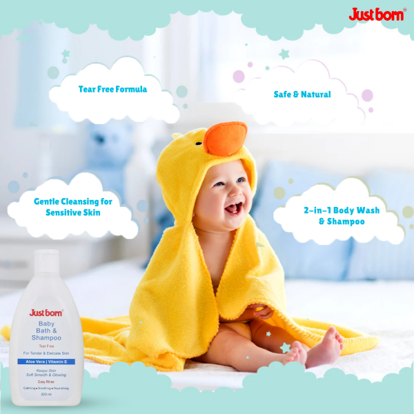 Just Born Baby Bath & Shampoo 200ml | Enriched with Aloe Vera & Vitamin E | Gentle Head-to-Toe Wash for Newborns | Tear-Free, Nourishes & Softens Sensitive Skin & Hair | Ideal for 0-2 Years