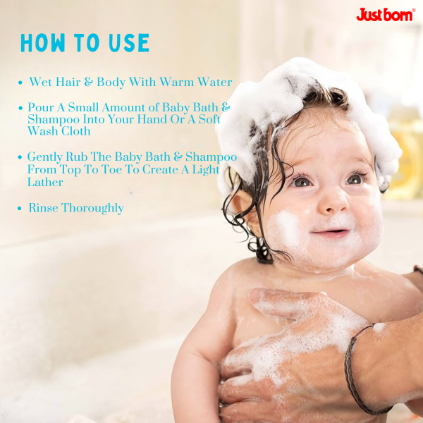 Just Born Baby Bath & Shampoo 200ml | Enriched with Aloe Vera & Vitamin E | Gentle Head-to-Toe Wash for Newborns | Tear-Free, Nourishes & Softens Sensitive Skin & Hair | Ideal for 0-2 Years