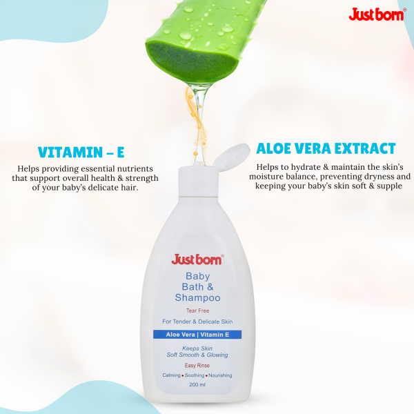 Just Born Baby Bath & Shampoo 200ml | Enriched with Aloe Vera & Vitamin E | Gentle Head-to-Toe Wash for Newborns | Tear-Free, Nourishes & Softens Sensitive Skin & Hair | Ideal for 0-2 Years