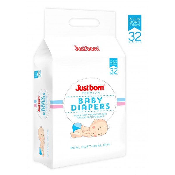 Just Born® Premium Baby Disposable Diapers - 3 to 8 Kg's - 32's Count 