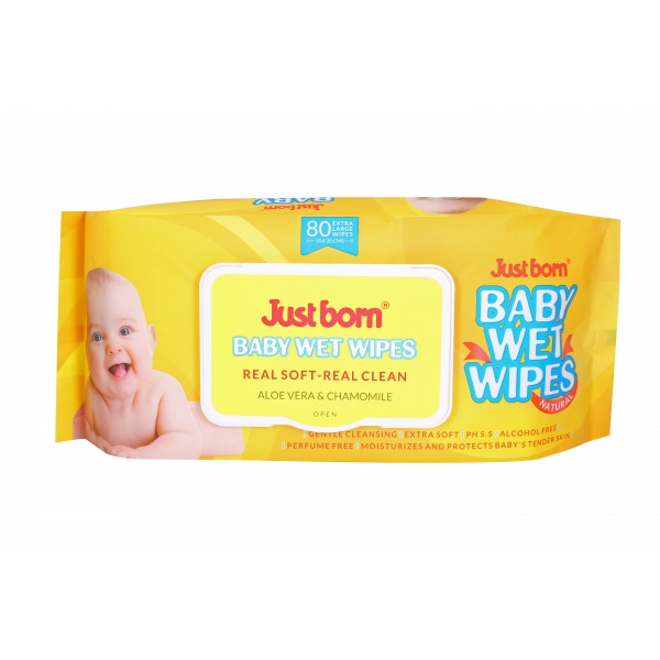 Just Born® Natural Baby Wet Wipes With Lid Alcohol + Perfume Free - Aloe Vera + Chamomile - 80 Extra Large (18 x 20 cm) Wipes 