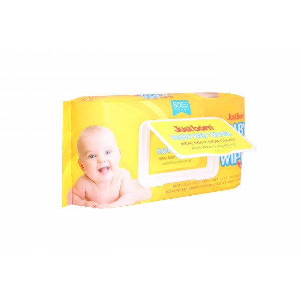 Just Born® Natural Baby Wet Wipes With Lid Alcohol + Perfume Free - Aloe Vera + Chamomile - 80 Extra Large (18 x 20 cm) Wipes 