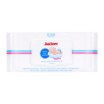 Just Born® Natural Baby Wet Wipes With Lid Alcohol + Perfume Free - Aloe Vera + Chamomile - 80 Extra Large (18 x 20 cm) Wipes 