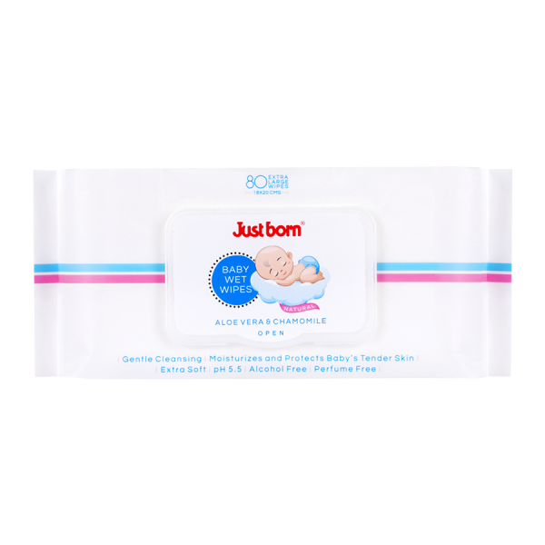 Just Born® Natural Baby Wet Wipes With Lid Alcohol + Perfume Free - Aloe Vera + Chamomile - 80 Extra Large (18 x 20 cm) Wipes 